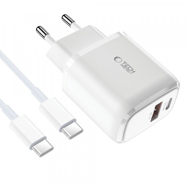 Incarcator Retea Cu Cablu USB-C Tech-Protect C20W, 20W, 3A, 1 x USB-A - 1 x USB-C, Alb