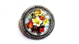 Brosa Flori Galbene Rosii, Metal si Sticla, 40mm, Bleu/Albastru Deschis, Bijuterie Cadou Femei