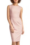 N626-5 Rochie roz, cu decolteu rotund si cusaturi decorative