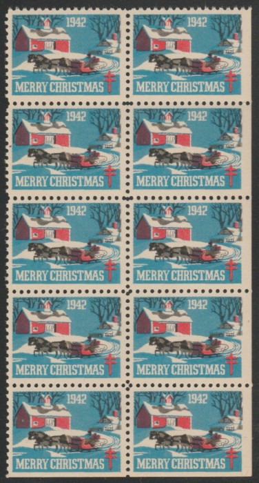 1942 SUA - Bloc de 10 vignete de Craciun + Campanie Anti Tuberculoza, TBC