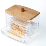 Cutie depozitare pentru betisoare de ureche, din plastic cu capac din lemn bambus, 9 x 7.5 cm, Oem