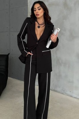 Costum Elegant, 2 piese Negru, cu dungi fine albe foto