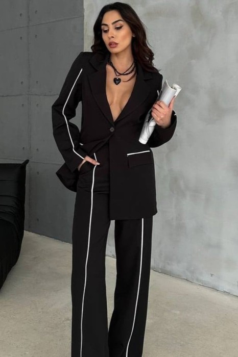 Costum Elegant, 2 piese Negru, cu dungi fine albe