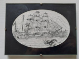 Tablou desen in tus negru, semnat H. Siebecker, corabie, passpartout si sticla, Marine, Cerneala, Altul