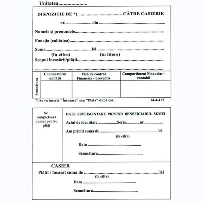 Dispozitie plata caserie, format A6, fata verso