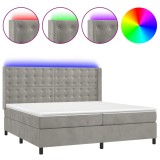 Cumpara ieftin Pat cu arcuri, saltea si LED, gri deschis, 200x200 cm, catifea