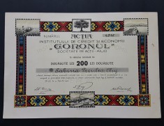 Actiune de 200 lei din 1922 de la banca Goronul din Aiud , titlu , actiuni