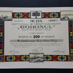Actiune de 200 lei din 1922 de la banca Goronul din Aiud , titlu , actiuni
