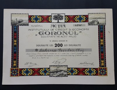 Actiune de 200 lei din 1922 de la banca Goronul din Aiud , titlu , actiuni foto