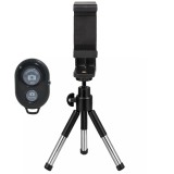 Suport telefon rotativ cu mini trepied extensibil 13, 20 cm, prindere automata cu arc 5.5, 8 cm, montura 1 4 inch, ABS si metal, telecomanda Bluetooth