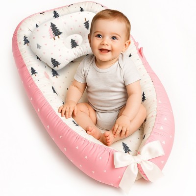 Cosulet Bebelusi pentru Dormit tip Baby Nest, Linomag&amp;reg;, cu Doua Fete, 0-24 Luni, 90x55cm, Husa Bumbac, Confort &amp;amp; Siguranta, Alb/Roz foto