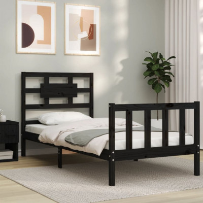 vidaXL Cadru de pat cu tăblie, negru, 90x200 cm, lemn masiv foto