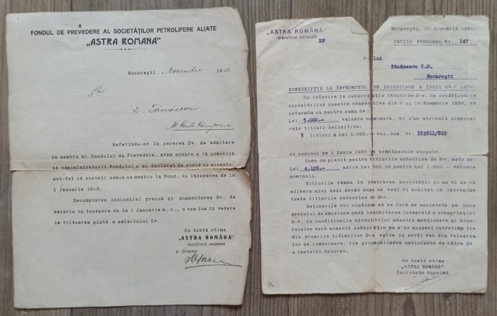 Lot doua documente Fondul de Prevedere al Societatilor Petrolifere Aliate Astra Romana