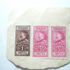 3 Timbre Fiscale Romania 1928 Ferdinand 1 leu si 2x5 lei pe fragment