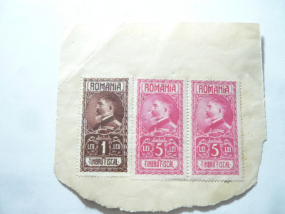 3 Timbre Fiscale Romania 1928 Ferdinand 1 leu si 2x5 lei pe fragment foto