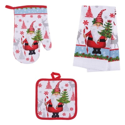 Set Bucătărie, Model Moș Crăciun, Mănușă, șervet și Prosop, Multicolor, 3 Piese foto