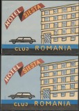 Romania anii 60 - 2 Vignete de bagaje Hotel Siesta (tip 2) din Cluj-Napoca, ONT Carpati, varietati etichete hoteliere, promovare turistica