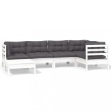Cumpara ieftin Set mobilier de gradina cu perne, 6 piese, alb, lemn masiv pin