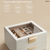 Cutie de Bijuterii din Piele Ecologica Alba WellLuck, Eleganta, Design Rafinat si Simplu, Organizator cu 3 Nivele, 2 Sertare, Spatiu de Depozitare pen