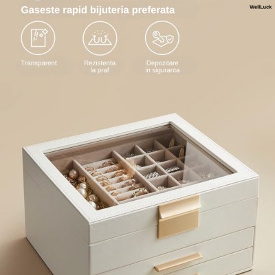 Cutie de Bijuterii din Piele Ecologica Alba WellLuck, Eleganta, Design Rafinat si Simplu, Organizator cu 3 Nivele, 2 Sertare, Spatiu de Depozitare pen foto
