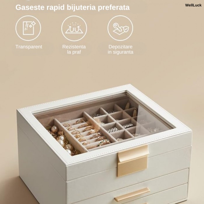 Cutie de Bijuterii din Piele Ecologica Alba WellLuck, Eleganta, Design Rafinat si Simplu, Organizator cu 3 Nivele, 2 Sertare, Spatiu de Depozitare pen