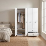 Cumpara ieftin Dulap Haine Adore Hampton Alb, 4 Usi, 2 Sertare, 140x185x52 cm, Textura Lemn, Rafturi Multiple, Dormitor