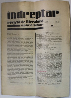 INDREPTAR , REVISTA DE LITERATURA , APARE LUNAR , ANUL I , NR. 12 , EDITIE INTERBELICA foto