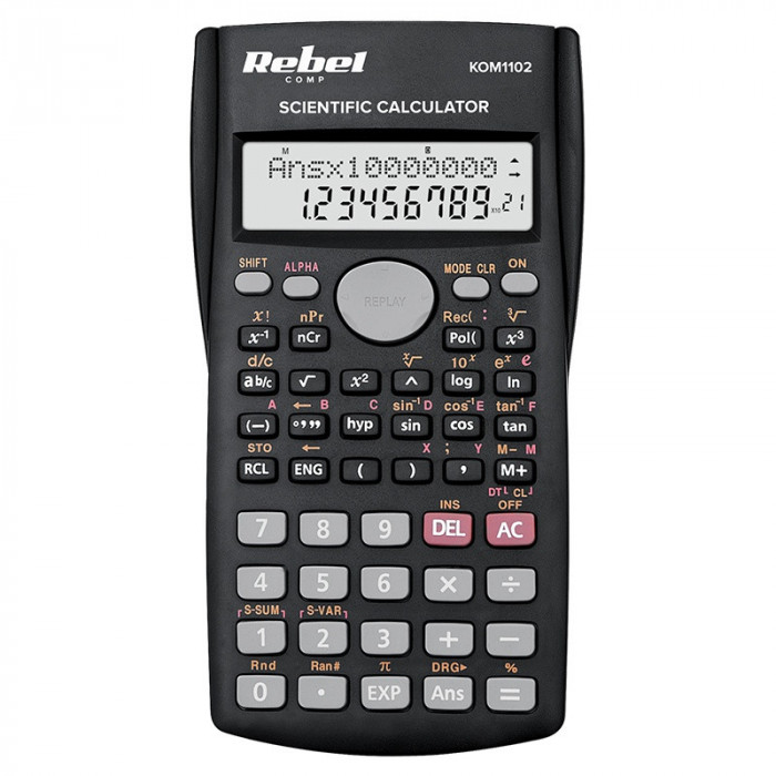 Calculator stiintific Rebel, 12 cifre, repetitie multipla, functie stergere, numere negative, logaritm zecimal, puteri, memorie, conversie unitati de