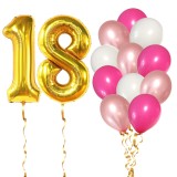 Set 14 Baloane Aniversare 18 Ani Fata Roz/Rose Gold Ropet - 2 Baloane Folie Cifra Aurii 81cm + 12 Latex 30cm - Decoratiuni Petrecere