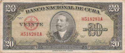 Cuba 20 Pesos 1958 - Antonio Maceo, H518281A, P-80b foto