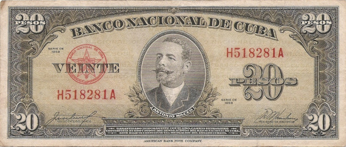 Cuba 20 Pesos 1958 - Antonio Maceo, H518281A, P-80b