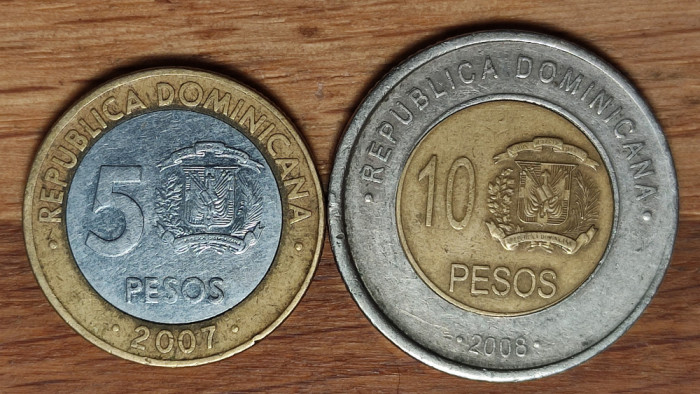 Republica Dominicana - set exotic superb bimetal - 5 pesos 2007 + 10 pesos 2008