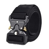 Cumpara ieftin Curea tactica pentru barbati, reglabila, cu catarama din aliaj de aluminiu, rezistenta la abraziune, material textil respirabil, 125 cm, negru-auriu