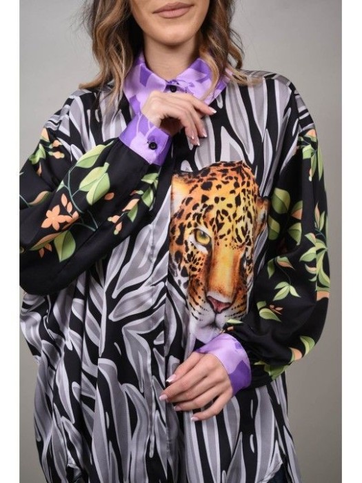 CAMASA LUNGA SATINATA CU IMPRIMEU MULTICOLOR CU TIGRU AZURA TALIE UNICA Violet