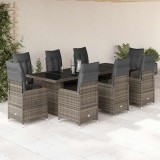 Set bistro de grădină cu perne, 9 piese, gri, poliratan
