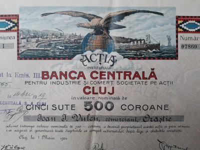 500 Coroane 1920 Banca Centrala Cluj / actiuni vechi /actiune veche Romania 7869 foto