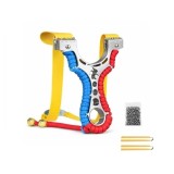 Cumpara ieftin Set praștie multifunctionala si 100 bile metalice 7 mm, DEPOX&reg;, metal, 2 elastice de rezervă, rosu/albastru, 11 cm
