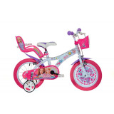 Bicicleta Dino Bikes, 14 inch, 95-115 cm, roti ajutatoare, maxim 50 kg, 4 ani+, model Barbie, Roz