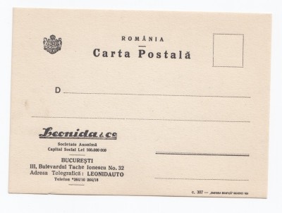 Carte Postala Romania - Bucuresti - Antet Leonida &amp;amp; Co - Companie Auto Reclama foto