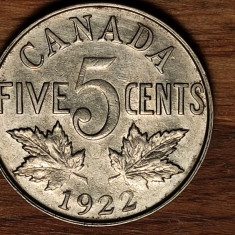 Canada - moneda de colectie - 5 cents 1922 - George V - calitate f greu de gasit