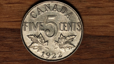 Canada - moneda de colectie - 5 cents 1922 - George V - calitate f greu de gasit foto