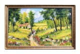 Tablou inramat peisaj rural pictat manual, Amintiri de la bunici, 100x60cm ulei pe panza Constantin Feraru
