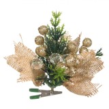 Ornament Crăciun, Floare Cu Clips, Crenguță Pomușoare Auriu, Mărgele Translucide, Panglică In, 12cm