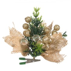 Ornament Crăciun, Floare Cu Clips, Crenguță Pomușoare Auriu, Mărgele Translucide, Panglică In, 12cm
