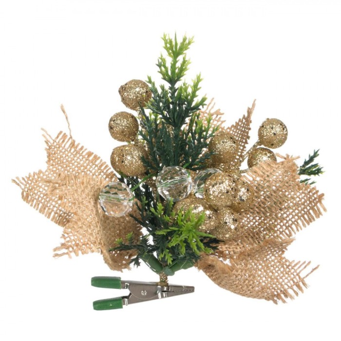 Ornament Crăciun, Floare Cu Clips, Crenguță Pomușoare Auriu, Mărgele Translucide, Panglică In, 12cm