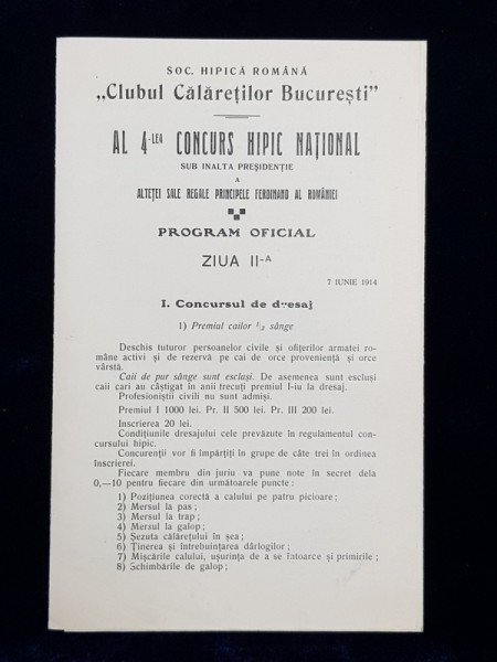 SOCIETATEA HIPICA ROMANA - AL 4 - LEA CONCURS HIPIC NATIONAL , PROGRAM OFICIAL , ZIUA A - II -A , 7 IUNIE 1914