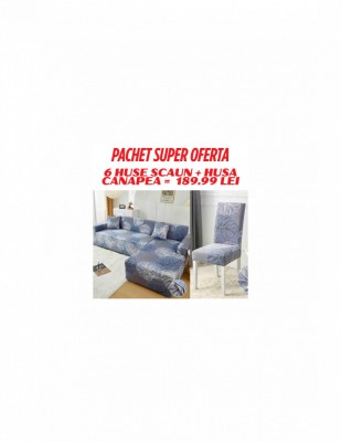Pachet 6 huse scaun si husa canapea asortate cu model albastru/gri cu frunze colorate foto