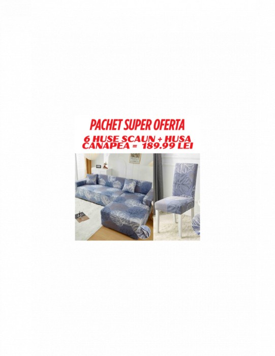 Pachet 6 huse scaun si husa canapea asortate cu model albastru/gri cu frunze colorate