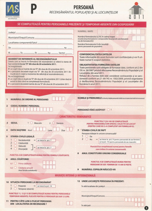 Romania, Recensamant 2011, formular pentru persoane prezente si temporar absente