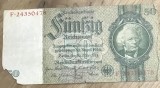 BNKSTR02DE Bancnotă Germania 50 Reichsmark 30 Martie 1933, Serie Roșie, Stare VG-F (Bun&atilde;, Margini Tocite, Colț Complet Lipsă)